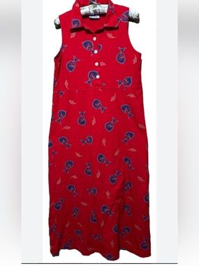 Vintage Red Sleeveless cotton Polo Dress with Fish Print L